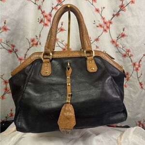 Henri Bendal Black and Brown Leather Satchel Hot pink fabric inside